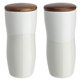aerial view a white adriano 12 oz double - wall ceramic tumbler with wood lid, image 1 of 2
