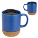 aerial view a blue balsamo 12 oz ceramic mug with cork base, image 1 of 2