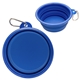 aerial view a blue compact silicone collapsible pet bowl with carabiner, image 1 of 4