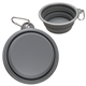 aerial view a light gray compact silicone collapsible pet bowl with carabiner, image 1 of 4