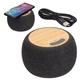 aerial view a bamboo with gray fabric empire bamboo wireless speaker with 5w wireless charger, image 1 of 5