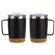 aerial view a black sapora 12 oz vacuum insulated stainless steel mug with cork base, image 1 of 2