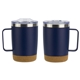 aerial view a navy blue sapora 12 oz vacuum insulated stainless steel mug with cork base, image 1 of 2
