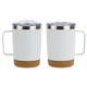 aerial view a white sapora 12 oz vacuum insulated stainless steel mug with cork base, image 1 of 2