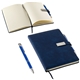 aerial view a blue thesis hardcover journal with magnetic closure pen, image 1 of 3