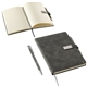 aerial view a gray thesis hardcover journal with magnetic closure pen, image 1 of 3