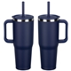 aerial view a navy blue senso(r) summit 40 oz insulated stainless steel travel mug with press - in straw lid, image 1 of 2
