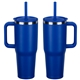 aerial view a royal blue senso(r) summit 40 oz insulated stainless steel travel mug with press - in straw lid, image 1 of 2