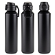 aerial view a black nexus 27 oz recycled aluminum bottle with flip - top lid and carabiner, image 1 of 2