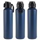 aerial view a navy blue nexus 27 oz recycled aluminum bottle with flip - top lid and carabiner, image 1 of 2
