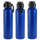 aerial view a royal blue nexus 27 oz recycled aluminum bottle with flip - top lid and carabiner, image 1 of 2