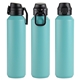 aerial view a teal nexus 27 oz recycled aluminum bottle with flip - top lid and carabiner, image 1 of 2