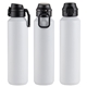 aerial view a white nexus 27 oz recycled aluminum bottle with flip - top lid and carabiner, image 1 of 2