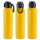 aerial view a yellow nexus 27 oz recycled aluminum bottle with flip - top lid and carabiner, image 1 of 2
