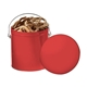 a red 1 gallon gift tin with pretzels