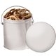 a white 1 gallon gift tin with pretzels