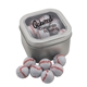 a silver window tin with chocolate baseballs