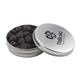 a silver round tin with choc espresso beans