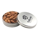 a silver round tin with almonds