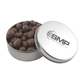 a silver round tin with chocolate peanuts