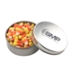 a silver round tin with candy corn