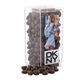 a clear acrylic box with chocolate covered raisins