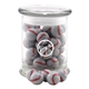 a clear jar with chocolate baseballs