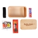 aerial view a natural bamboo lid bento box candy and snacks gift set, image 1 of 4