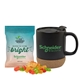 a matte black cork bottom mug with compostable bag of gummy bears