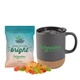 a matte grey cork bottom mug with compostable bag of gummy bears