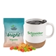 a matte white cork bottom mug with compostable bag of gummy bears