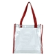 aerial view a clear with red trim and handles matterhorn clear vinyl stadium compliant tote bag, image 1 of 5