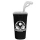 a black cup & clear lid super size 32 oz stadium cup with lid and straw