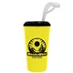 a yellow cup & black lid super size 32 oz stadium cup with lid and straw