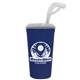 a navy blue cup & clear lid super size 32 oz stadium cup with lid and straw