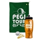a green towel & black lid & transparent orange bottle the tourney - golf kit