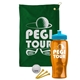 a green towel & cyan lid & transparent orange bottle the tourney - golf kit