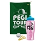 a green towel & cyan lid & transparent pink bottle the tourney - golf kit
