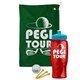 a green towel & cyan lid & transparent red bottle the tourney - golf kit