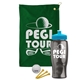 a green towel & cyan lid & transparent smoke bottle the tourney - golf kit