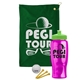 a green towel & lime green lid & transparent hot pink bottle the tourney - golf kit