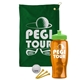 a green towel & lime green lid & transparent orange bottle the tourney - golf kit