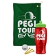 a green towel & lime green lid & transparent red bottle the tourney - golf kit