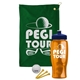 a green towel & navy blue lid & transparent orange bottle the tourney - golf kit