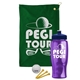a green towel & navy blue lid & transparent violet bottle the tourney - golf kit