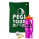 a green towel & orange lid & transparent hot pink bottle the tourney - golf kit