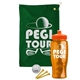 a green towel & orange lid & transparent orange bottle the tourney - golf kit