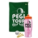 a green towel & orange lid & transparent pink bottle the tourney - golf kit