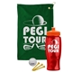 a green towel & orange lid & transparent red bottle the tourney - golf kit
