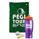 a green towel & orange lid & transparent violet bottle the tourney - golf kit